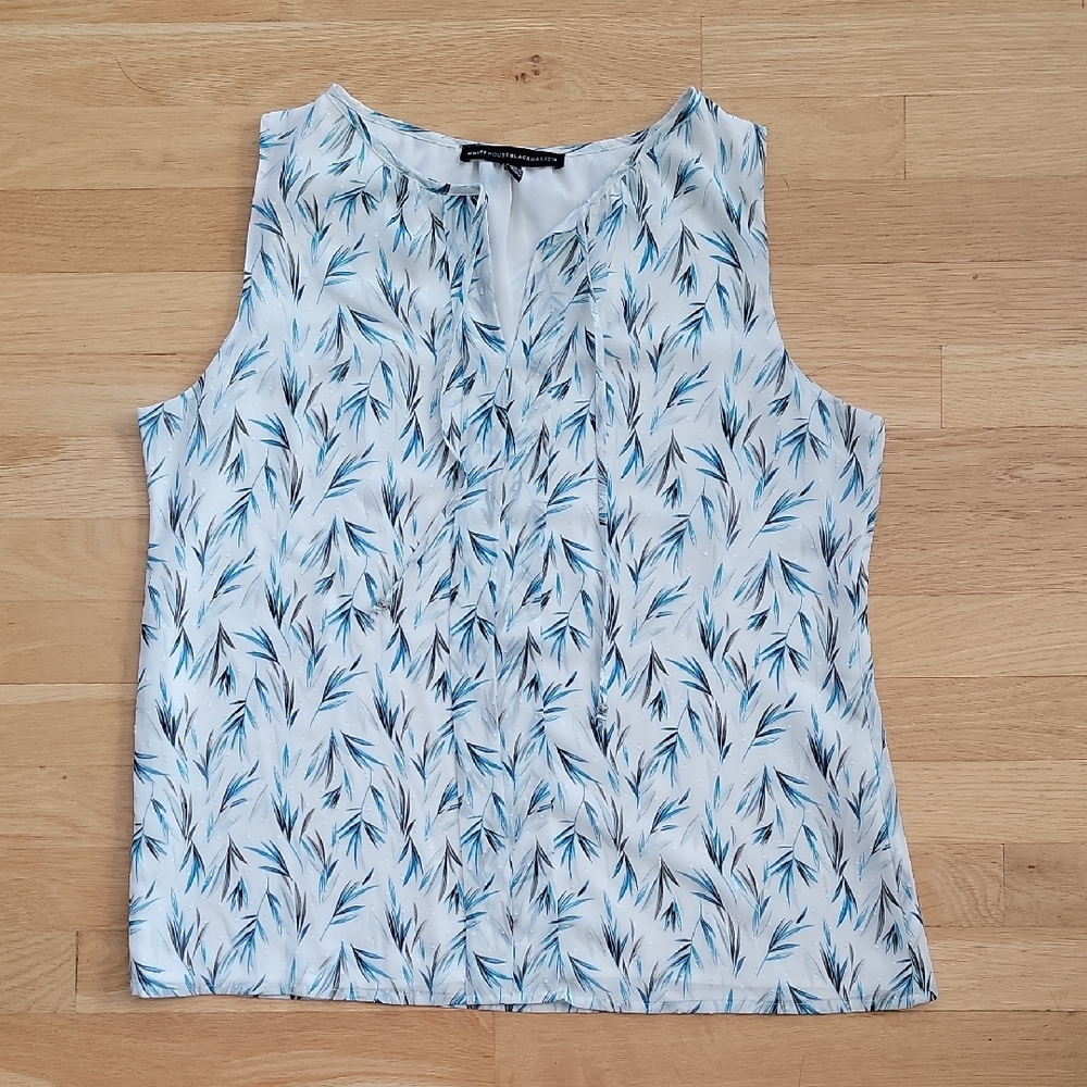 WHBM - Elegant White and Blue Leaf Print Tank Top